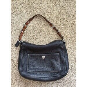 Coach Chelsea Black Pebbled Leather Shoulder Bag Turn Lock Closure Brown Handle